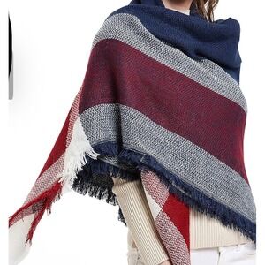 Wander Agio Womens Blue Red‎ White Plaid Square Shawl Wrap Scarf Fringe New